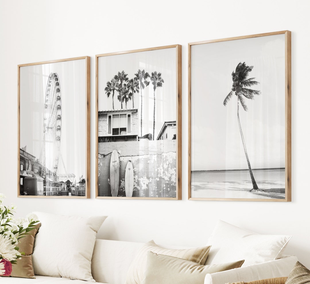 Black and White Beach Print Set Beach Life Print Large Surf Print Set California Beach Art Beach ...