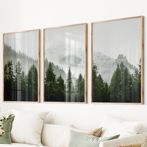 Forest Set 3 Prints Giclee Nature Poster Modern Forest Photo Large Nordic Wall Decor Landscape Art Prints Foggy Mountains Forest Artwork Set