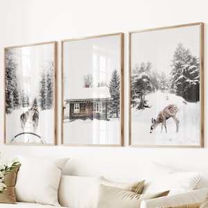 Winter Landscape Set Christmas Mood Snow Covered Forest Nursery Moose Poster Log Cabin Photo Large Modern Winter Photo Snowy Trees Poster
