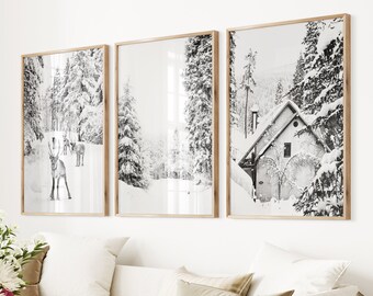 Winter Cabin & Fawn Print Set: Snowy Black and White Nature Posters