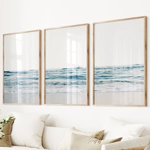 Blue Wave Set of 3 Ocean Waves Print Coastal Blue Poster 3 Piece Waves Art Wall Decor Photo Poster Giclee Waves Poster Large Blue Beach Set