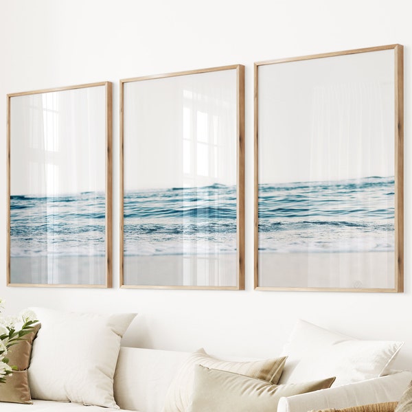 Blue Wave Set of 3 Ocean Waves Print Coastal Blue Poster 3 Piece Waves Art Wall Decor Photo Poster Giclee Waves Poster Large Blue Beach Set