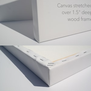May include: Close-up of a white canvas stretched over a 1.5" deep wood frame. The canvas is wrapped around the frame and secured with staples.