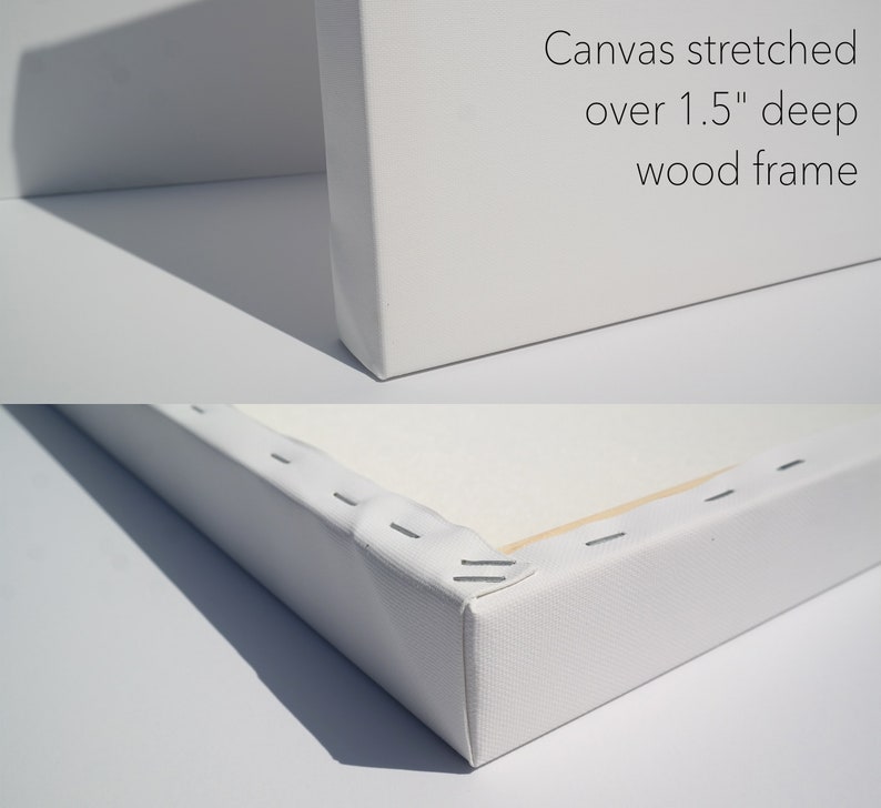 May include: Close-up of a white canvas stretched over a 1.5" deep wood frame. The canvas is wrapped around the frame and secured with staples.