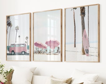 Beach Wall Art Prints Set: Pink Surf Van, Coastal Decor