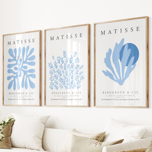 Set of 3 Blue Matisse Print, Above Bed Wall Decor, Trendy Posters Art, Matisse Wall Art, Henri Matisse Exhibition Prints, Bedroom Wall Art