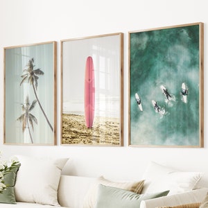 Large Surf Photo Coastal Life Photo Summer 3 Poster Set Surfing Prints Set Tropical Palms Set Triptych Coastal 3 Piece Giclee Coastal Set