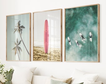 Coastal Surf Photo Print Set: Tropical Palm & Surfboard Art