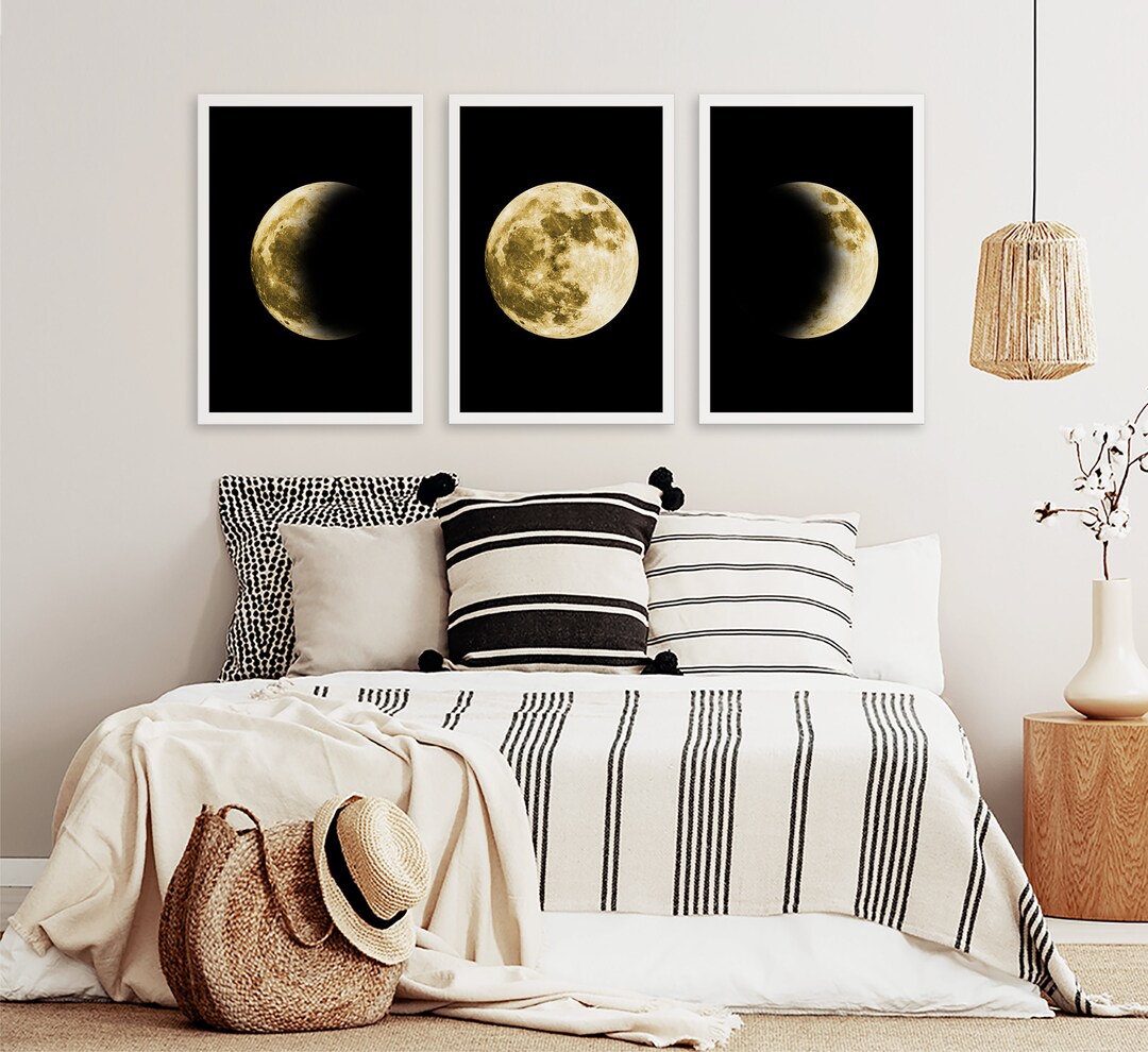 Celestial Moon Phase Wall Art Set of 3, Black and Gold Lunar Prints ...