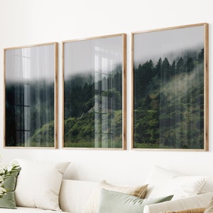 Foggy Forest Decor Giclee Green Landscape Set of 3 Art Foggy Woodland Photo Forest Mist Poster Set Scandi Misty Forest Mountain Tree Print