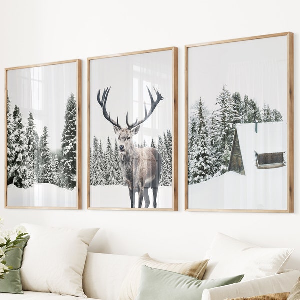 Winter Deer Photo Print Set: Snowy Forest Cabin Wall Art