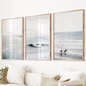 California Beach Surf Wall Prints Blue Coastal Set Surfer Waves Poster Giclee Beach Poster Surfing Photo Set of 3 Coastal Waves Beach Poster