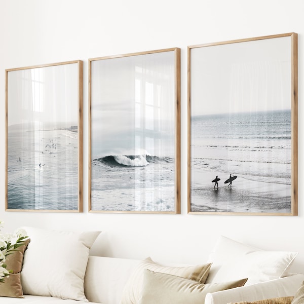 California Beach Surf Wall Prints Blue Coastal Set Surfer Waves Poster Giclee Beach Poster Surfing Photo Set of 3 Coastal Waves Beach Poster