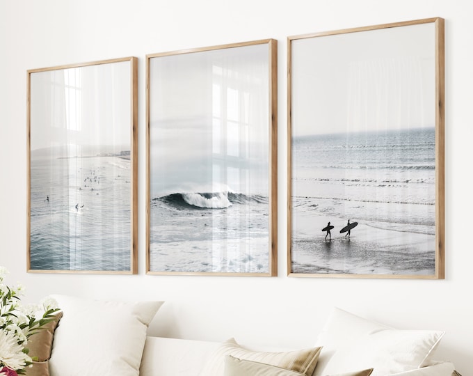 California Beach Surf Wall Prints Blue Coastal Set Surfer Waves Poster Giclee Beach Poster Surfing Photo Set of 3 Coastal Waves Beach Poster