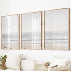Beach Poster Set Pastel Coastal Art Seascape Print Set of 3 Posters Pastel Waves Photo Large Wall Art Print Coastal Decor Triptych Beach Set