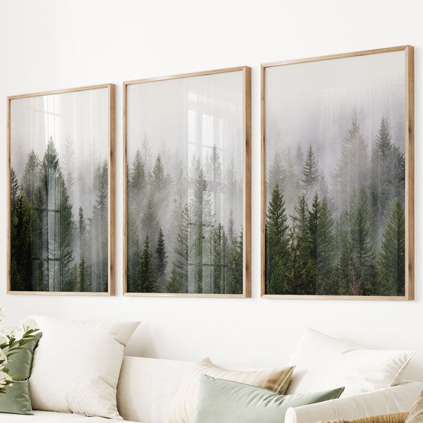 Forest Set of 3 Giclee Poster. Foggy Forest Prints Set. Large Wall Art of Misty Pine Trees Forest. Modern Landscape Photo