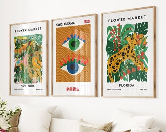 Flower Marker Print, New York Poster, Set of 3 Modern Style, Yayoi Kusama Large Prints, Modern Home Decor, Green Garden Flower Art Prints