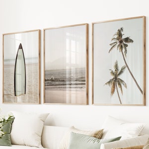 Set 3 Beach Photo Modern Coastal Print Large Beach Poster Ocean Beach Life Photo Pastel Surf Home Decor Tropical Wall Poster Surfboard Print