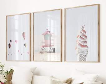 Coastal Nursery Print Set: Pink Beach, Lifeguard, Ice Cream Art