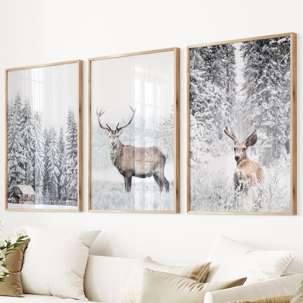 Winter Animal Print Set: Snow Forest, Moose & Deer Photo Art