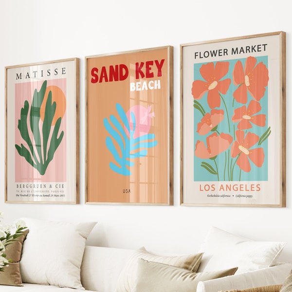 Colorful Prints Set of 3 Henri Matisse Art, Trendy Wall Print, Sand Key Beach, Wall Art Home Decor, Flower Market Los Angeles Y2K Poster Art