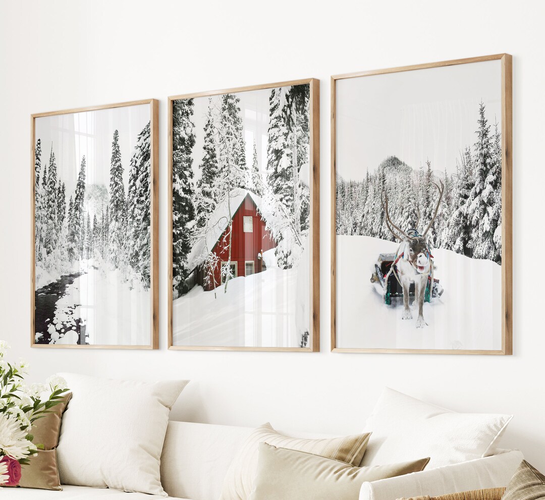 Winter Wonderland Prints Set: Snowy Reindeer, Red Barn, Forest Wall Art ...