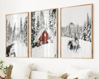 Puede incluir: Tres fotografías de paisajes de invierno enmarcadas. La imagen de la izquierda muestra un sendero forestal nevado con un arroyo que lo atraviesa. La imagen del centro muestra una cabaña roja en un bosque nevado. La imagen de la derecha muestra un reno tirando de un trineo a través de un bosque nevado.