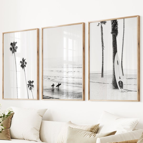 Beach Black White California Surf Art Beach 3 Piece Prints Coastal Life Print Modern Coastal Photo Large Coastal Print Ocean Surfing Print