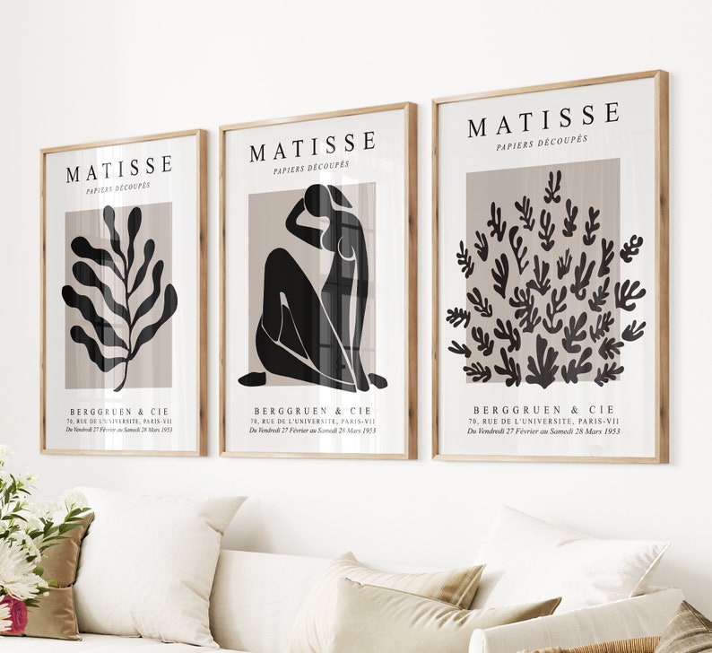 May include: Three black and white Matisse art prints with the text "MATISSE PAPIERS D&Eacute;COUP&Eacute;S" and "BERGGRUEN & CIE 70, RUE DE L'UNIVERSITE, PARIS-VII Du 27 F&eacute;vrier au Samedi 28 Mars 1953".