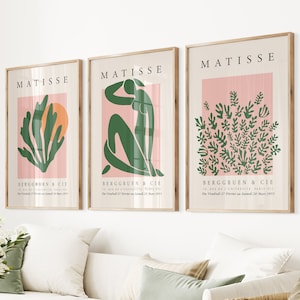 Henri Matisse Set of 3 Art, Trendy Wall Art Set, Pink Green Matisse, Modern Art Prints, Abstract Silhouette, Matisse Exhibition Artwork Set