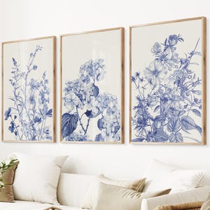 Chinoiserie Wall Art, Blue Set of 3 Watercolor Flowers, Modern Apartment Wall Decor, Large Botanical Wall Art, Blue Chinoiserie Artwork Set