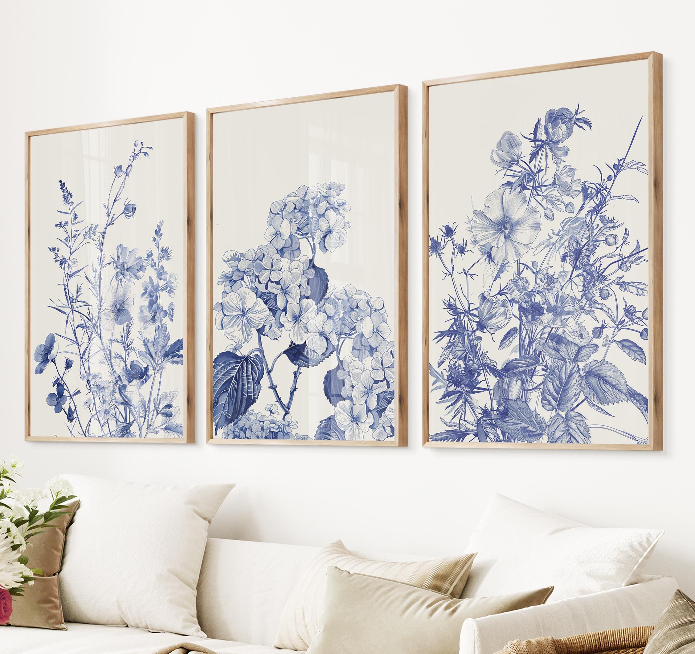 Blue Chinoiserie Floral Art Prints: Botanical Watercolor Set of 3 - Etsy
