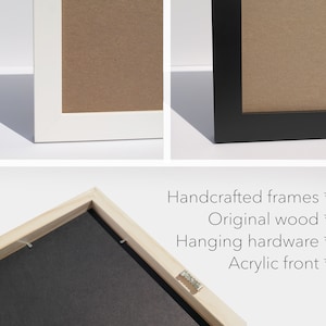 May include: A close-up of a wooden picture frame with a black mat and hanging hardware. The frame is handcrafted from original wood and has an acrylic front.