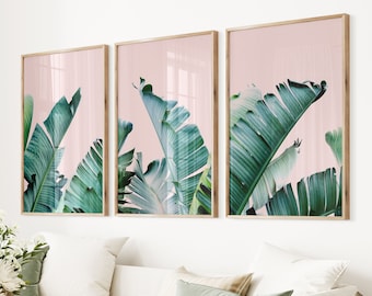 Banana Leaf Print Set: Green & Pink Tropical Wall Art