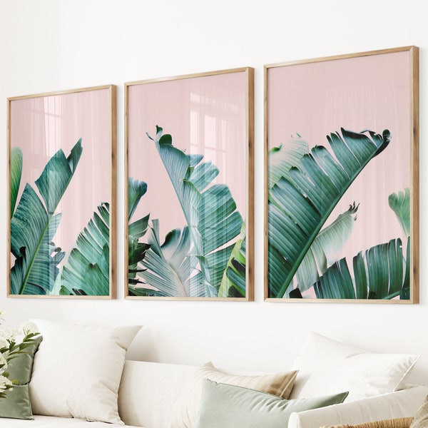 Large Banana Leaves Tropical Leaf Print Green Pink Botanical Wall Art Pastel Tropical Foliage Art Boho Leaf Poster Canvas Pink Leaves Photo