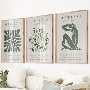 Juego de 3 láminas de Matisse en verde salvia para pared: Tríptico abstracto moderno