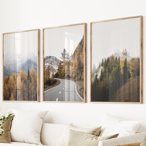 Autumn Forest Triptych Print: Misty Mountain Nature Wall Art