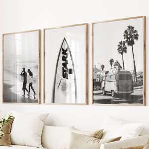 Surf Prints Set of 3 Modern Beach Decor Black White Coastal Large Surfboard Poster Surfers Photo Boho Beach Wall Art Canvas Framed Beach Set