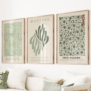 Sage Green Wall Art, Henri Matisse Prints, William Morris Set of 3 Exhibition, Triptych Wall Art, Yayoi Kusama Poster, Wall Art Living Room