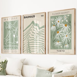 Set of 3 Wall Art Sage Green Print Set, Matisse Abstract, Flower Market Tokyo, Bauhaus Print, Modern Wall Art, Trendy Museum Poster Art Set