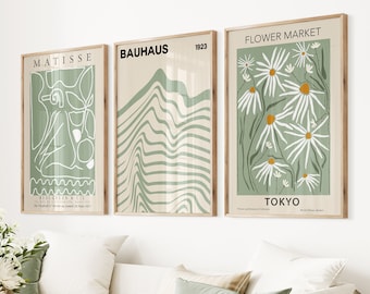 Sage Green Wall Art Print Set: Matisse, Bauhaus, Tokyo Flower Market
