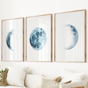 Blue Moon Set of 3 Lunar Phases Print Indigo Navy Moon Bedroom Home Decor Nursery Moon Triptych Baby Dorm Art Modern Phases of the Moon Set