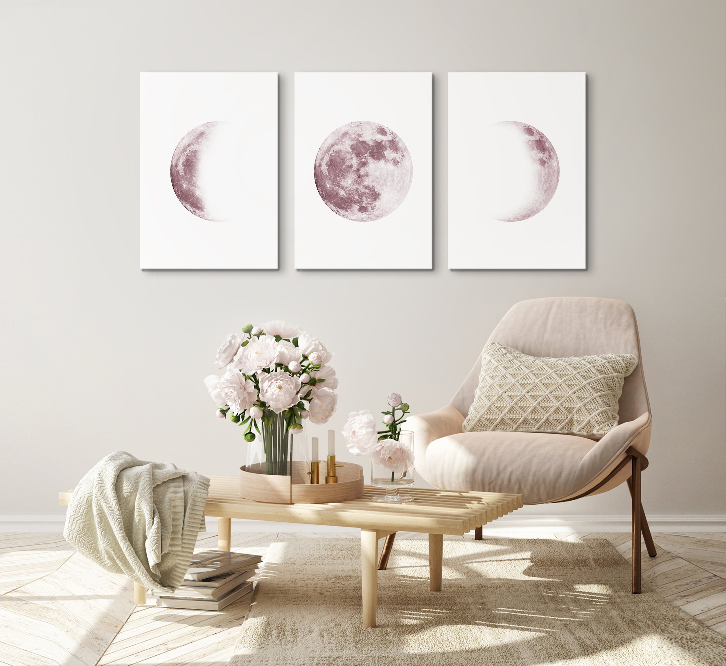 Pink Moon Phases Art Print Set: Modern Boho Lunar Triptych - Etsy