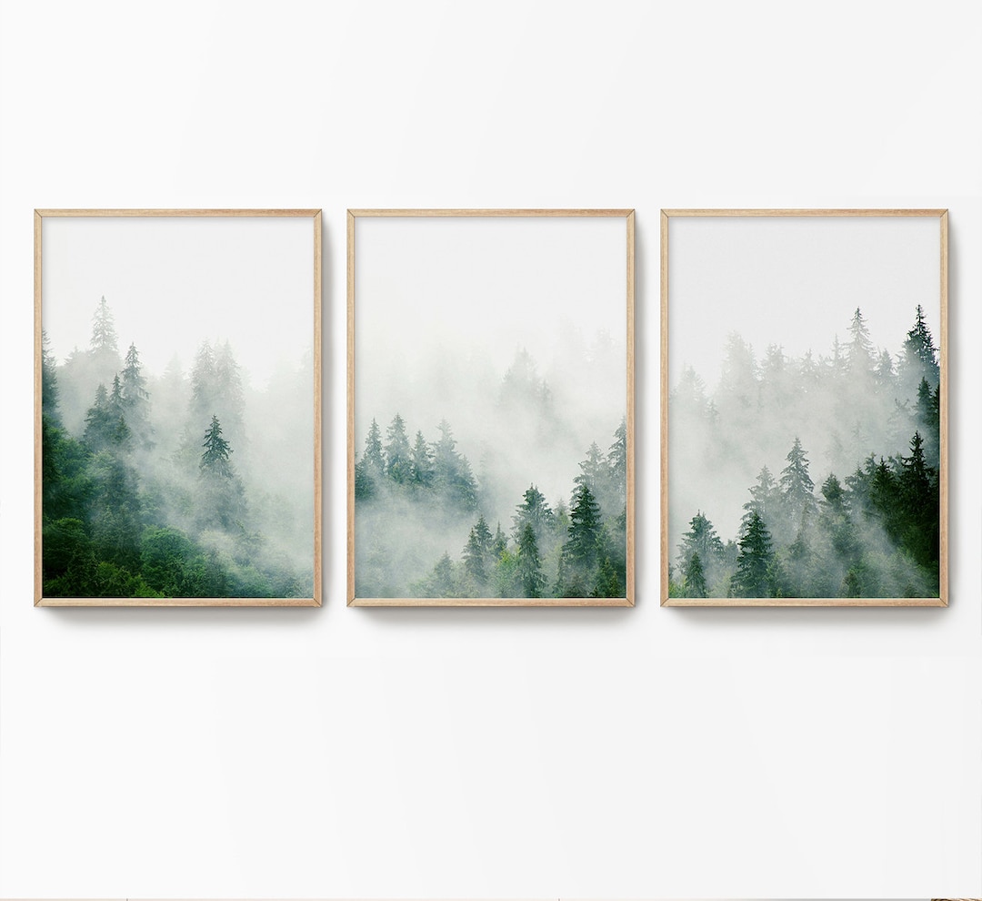 Foggy Forest Art Print Set: Green Nature Photography, Nordic Wall Decor ...