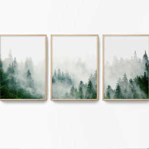 Green Forest Set Foggy Nature Art Set Giclee Forest Photo Fog Nature Photography 3 Piece Wall Decor Nordic Wall Art Set Foggy Forest Poster