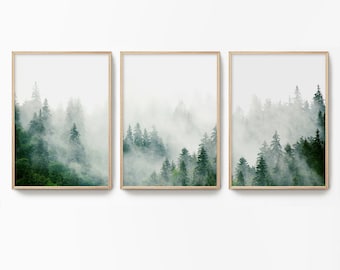 Foggy Forest Art Print Set: Green Nature Photography, Nordic Wall Decor