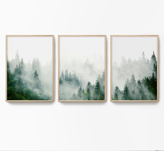 Foggy Forest Art Print Set: Green Nature Photography, Nordic Wall Decor