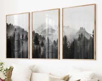 Black White Nature Forest 3 Piece Set Landscape Photo Set Foggy Mountain Print Nordic Nature Tree Poster Large Giclee Fog Forest Photo Art