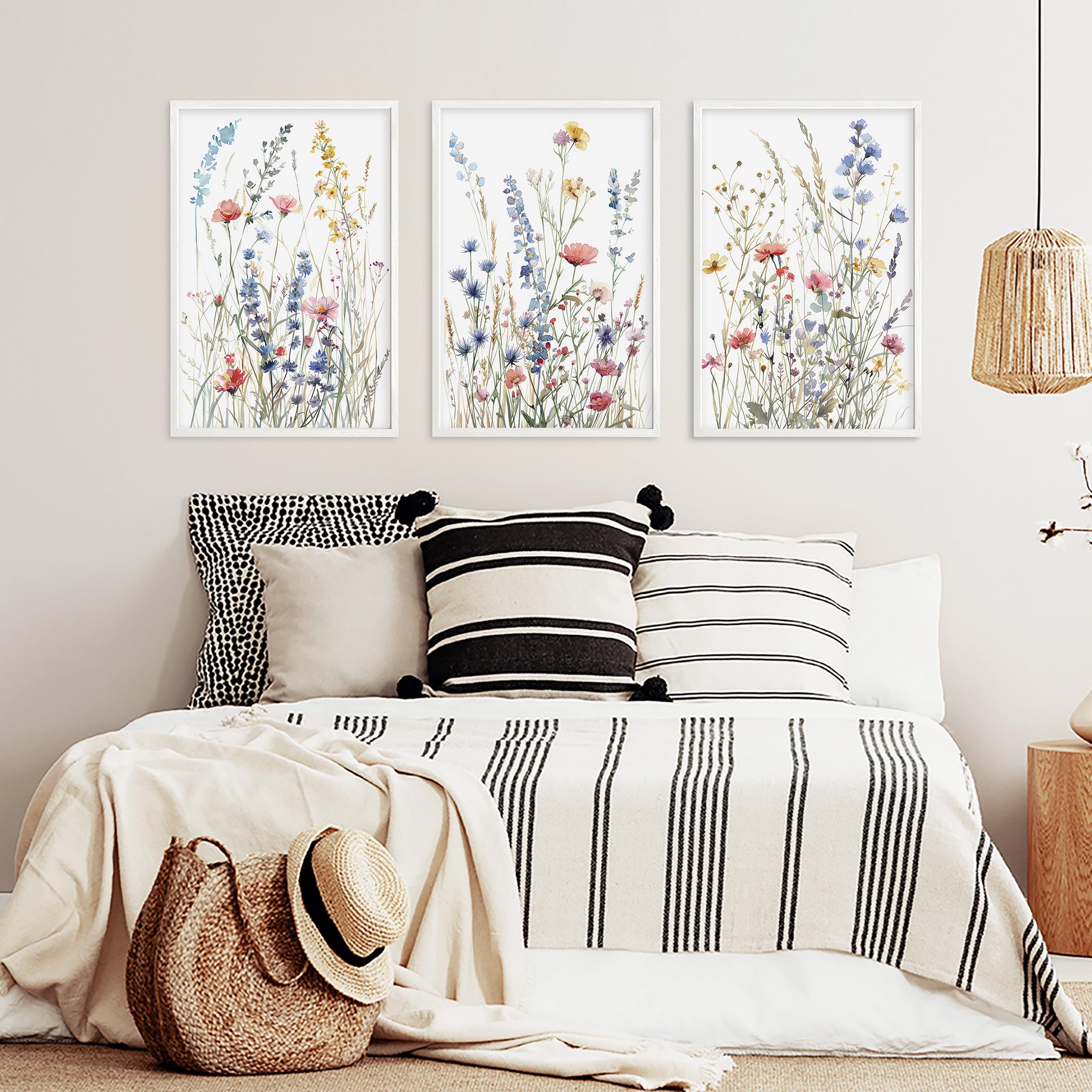 Wildflower Watercolor Art Prints: Set of 3 Botanical Meadow Wall Decor ...