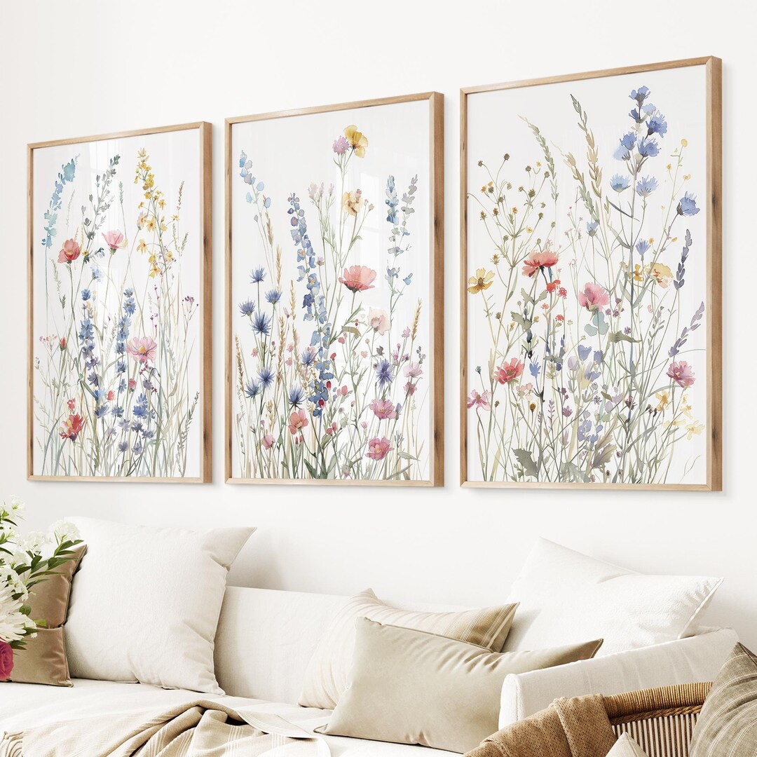 Wildflower Watercolor Art Prints: Set of 3 Botanical Meadow Wall Decor ...